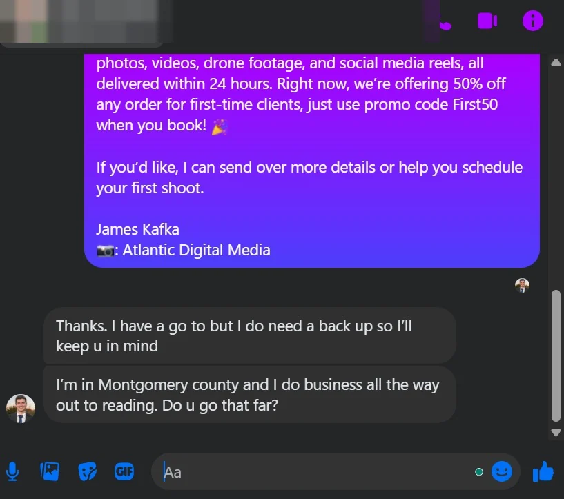 A reply to an outreach message, names removed