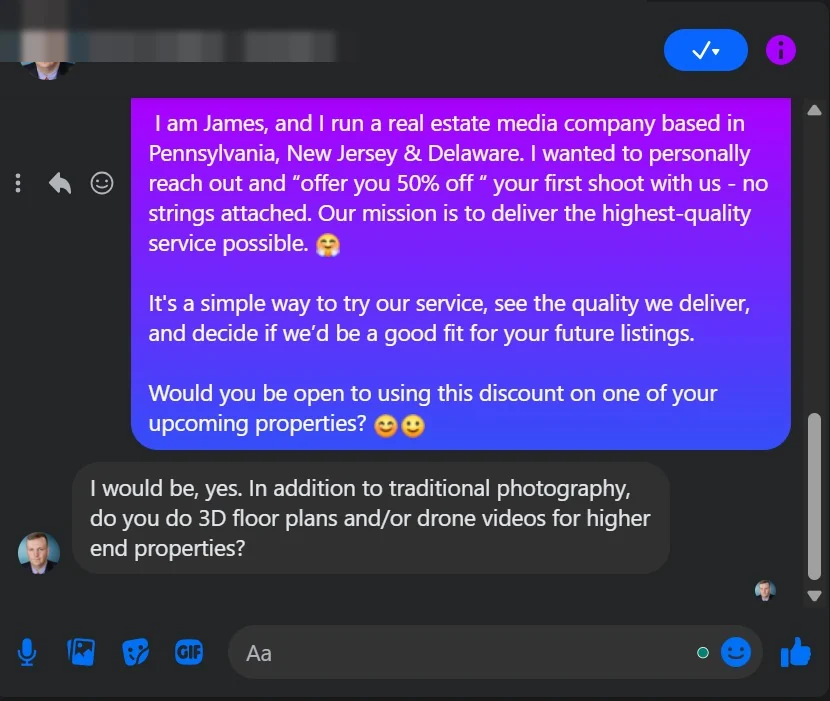 A reply to an outreach message, names removed