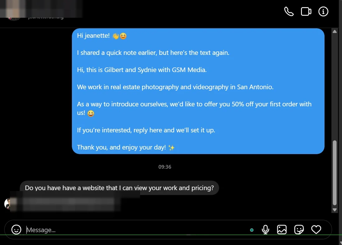 A reply to an outreach message, names removed