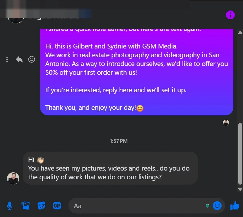 A reply to an outreach message, names removed