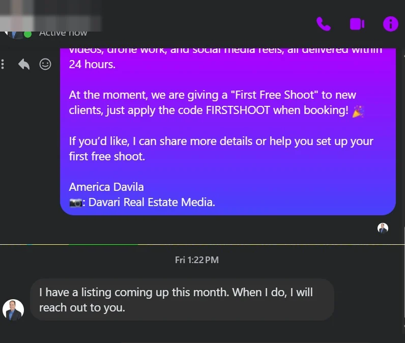 A reply to an outreach message, names removed