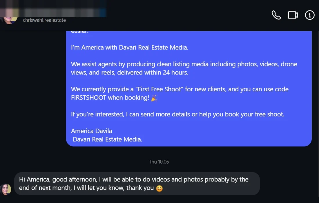 A reply to an outreach message, names removed