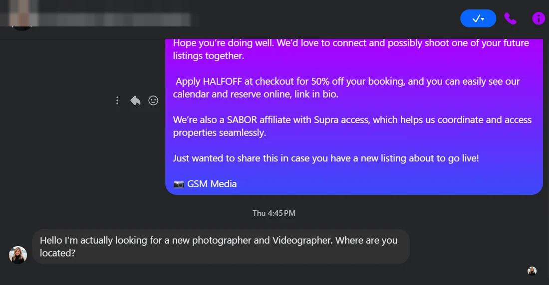 A reply to an outreach message, names removed