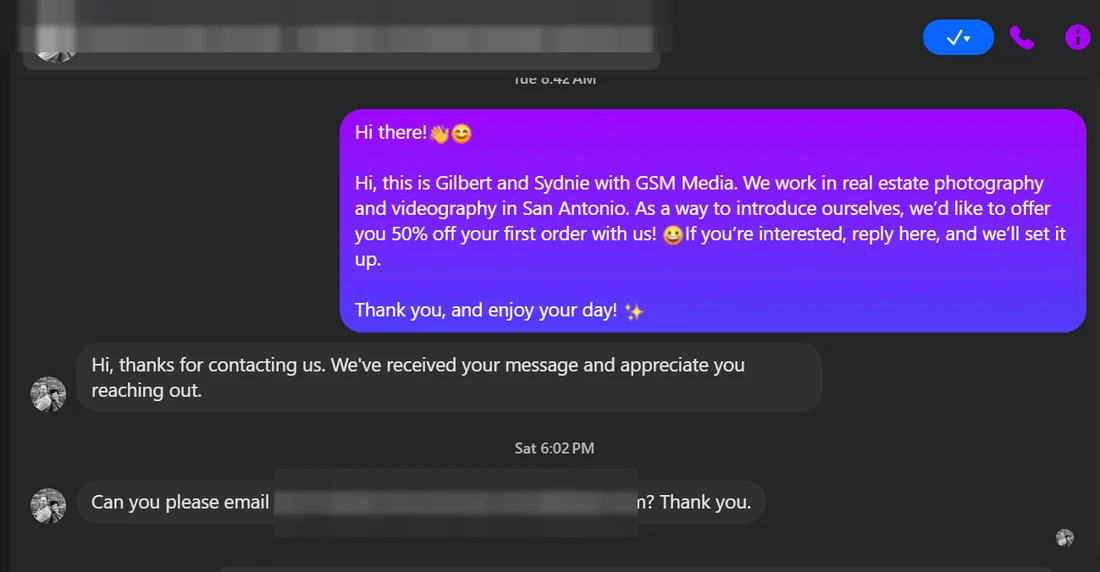 A reply to an outreach message, names removed
